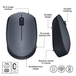 Logitech M170 optická myš, přenos bezdrátový, 3 tlačítko, 1000 dpi, šedá, černá