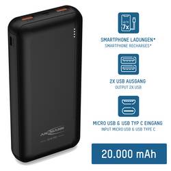 Ansmann PB320PD powerbanka Li-Pol, 20000 mAh, Dodávka energie, USB-A, USB-C®, černá