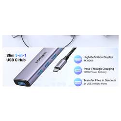 UGREEN USB-C® dokovací stanice CM511 6-in-1 USB-C Hub Vhodné pro značky (dokovací stanice pro notebook): univerzální vč. funkce nabíjení, integrovaná čtečka