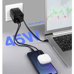 VOLTCRAFT UC-45W002 USB nabíječka, GaN, USB Power Delivery (USB-PD) , Rychlonabíječka, 1x USB A , 2x USB-C®, 45 W, Dodávka energie, černá