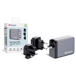 Verbatim GNC-240 GaN cestovní nabíječka, GaN, s adaptérem pro Evropu, s britským adaptérem, s americkým adaptérem, 1x USB A , 3x USB-C®, 240 W, Dodávka