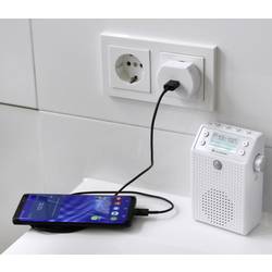 soundmaster DAB60WE rádio do zásuvky DAB+, FM Bluetooth, USB hlasitý odposlech, včetně mikrofonu, voděodolné, funkce alarmu, s akumulátorem bílá