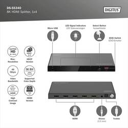 Digitus DS-55340 4 porty HDMI rozbočovač lze spínat jednotlivě, LED ukazatel, se stavovými LED, UHD, Pro použití v interiérech, kovový ukazatel 7680 x 4320