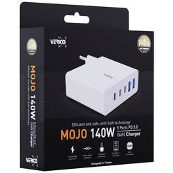Verico Mojo 140W GaN 5 USB nabíječka, 2x USB A, 3x USB-C®, 140 W, Power Delivery 3.0, bílá