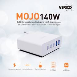 Verico Mojo 140W GaN 5 USB nabíječka, 2x USB A, 3x USB-C®, 140 W, Power Delivery 3.0, bílá