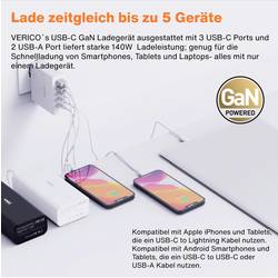 Verico Mojo 140W GaN 5 USB nabíječka, 2x USB A, 3x USB-C®, 140 W, Power Delivery 3.0, bílá