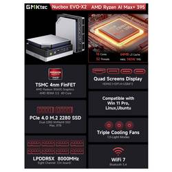 GMKtec Workstation Mini PC, Superpočítač pro AI (umělou inteligenci) EVO-X2 AMD Ryzen AI Max+ 395 64+1TB DDR5X AMD Ryzen AI Max+ 395 5.1 GHz 64 GB RAM 1 TB SSD