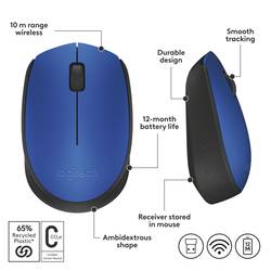 Logitech M171 optická myš, přenos bezdrátový, bezdrátový, 3 tlačítko, 1000 dpi, modrá, černá