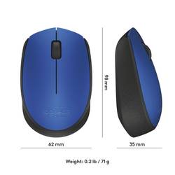 Logitech M171 optická myš, přenos bezdrátový, bezdrátový, 3 tlačítko, 1000 dpi, modrá, černá