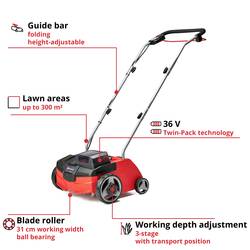Einhell GC-SC 36/31 Li – Solo Power X-Change Li-Ion akumulátor vertikutátor zadní vyprazdňování, výškově nastavitelná rukojeť s funkcí sklápění, bez
