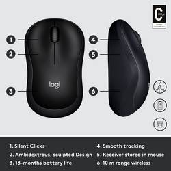 Logitech M220 Silent optická myš, přenos bezdrátový, 3 tlačítko, 1000 dpi, černá