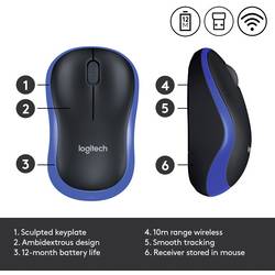 Logitech M185 optická myš, přenos bezdrátový, 3 tlačítko, 1000 dpi, modrá
