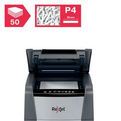 Rexel Optimum AutoFeed+ 50X skartovačka 50 listů mikrořez 4 x 28 mm P-4 20 l Křížový řez kancelářské sponky, sponky do sešívačky, kreditní karty