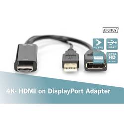 Digitus DisplayPort / HDMI / USB kabel DisplayPort zásuvka, Zástrčka HDMI-A, USB-A zástrčka 0.2 m černá AK-330101-002-S 4K UHD, dvoužilový stíněný, flexibilní