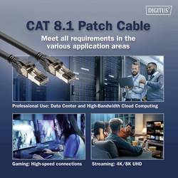 Digitus DK-1843-020 RJ45 síťové kabely, propojovací kabely CAT 8.1 S/FTP 2 m černá barevně rozlišený, stíněný, točený drát, S průchodkou chránící proti zlomení