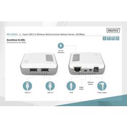 Digitus DN-13024 síťový print server USB-A, LAN (až 100 Mbit/s), Wi-Fi