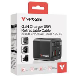 Verbatim GaN Charger 65 W cestovní nabíječka, Rychlonabíječka, GaN, s adaptérem pro Evropu, s britským adaptérem, s americkým adaptérem, 1x USB A , 1x USB-C®,