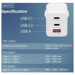 Digitus DA-10303 USB nabíječka, 1x USB A , 2x USB-C®, 67 W, bílá