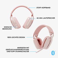 Logitech ZONE VIBE 100 Headset uzavřená (Over Ear) Bluetooth® stereo růžová Redukce šumu mikrofonu, Potlačení hluku regulace hlasitosti, Vypnutí zvuku mikrofonu