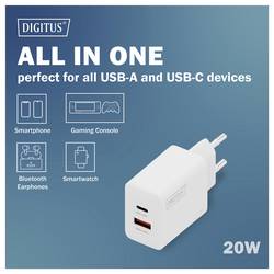 Digitus DA-10300 USB nabíječka, 1x USB A , 1x USB-C®, 20 W, bílá