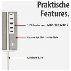 Brennenstuhl Brennenstuhl 1508230, Indoor, AC, 4,2 A, 1,5 m, Edelstahl, Weiß USB nabíječka, 4x USB A, 1x USB-C®, 20 W, Dodávka energie, stříbrná, bílá