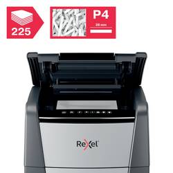 Rexel Optimum AutoFeed+ 225X skartovačka mikrořez 4 x 25 mm 60 l Počet listů (max.): 225 listů Křížový řez kancelářské sponky, sponky do sešívačky, kreditní