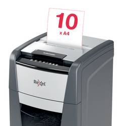 Rexel Optimum AutoFeed+ 225X skartovačka mikrořez 4 x 25 mm 60 l Počet listů (max.): 225 listů Křížový řez kancelářské sponky, sponky do sešívačky, kreditní
