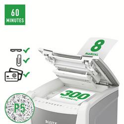 Leitz IQ Office 300 Autofeed P5 skartovačka 300 listů mikrořez 2 x 15 mm P-5 60 l Křížový řez kancelářské sponky, sponky do sešívačky, kreditní karty