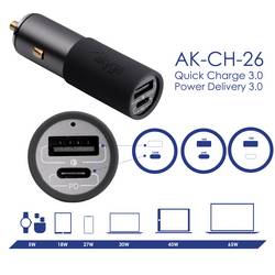 Akyga AK-CH-26 USB nabíječka, GaN, Rychlonabíječka, 1x USB-C®, 1x USB A , 100 W, QC 3.0, Power Delivery 3.0, šedá