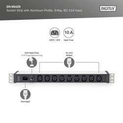 Digitus DN-95429 19 palec zásuvková lišta pro datové skříně 1 U zásuvka C13 10A Vhodné pro hloubku skříně: od 300 mm hliník, hliník (eloxovaný), černá, černá