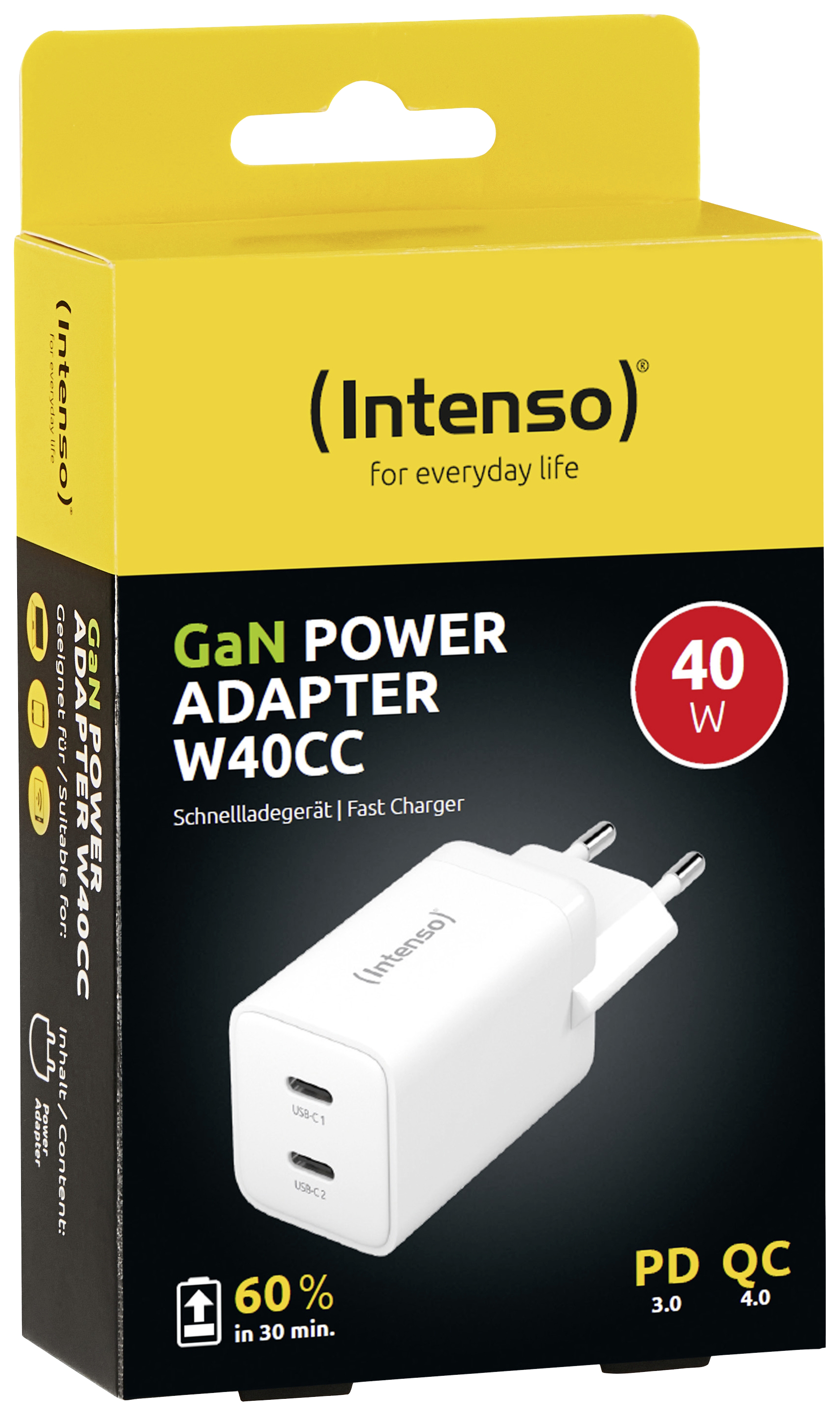 Intenso W40CC GaN USB nabíječka, GaN, USB Power Delivery (USB-PD) , 2x USB-C®, 40 W, bílá