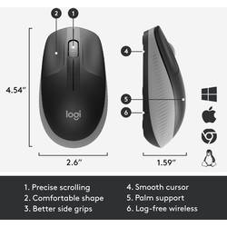 Logitech M190 optická myš, přenos bezdrátový, 3 tlačítko, 1000 dpi, středně šedá
