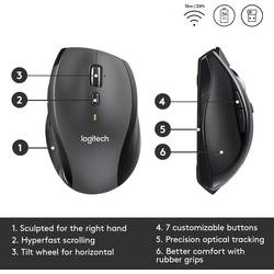 Logitech M705 Marathon laserová ergonomická myš, přenos bezdrátový, 7 tlačítko, 1000 dpi, černá, stříbrná
