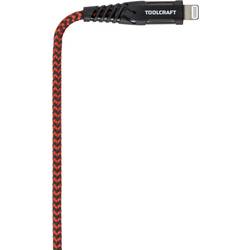 TOOLCRAFT USB kabel USB 2.0 USB-A zástrčka, Apple Lightning konektor 1.00 m černočervená extrémně odolné pletené stínění TO-6899490