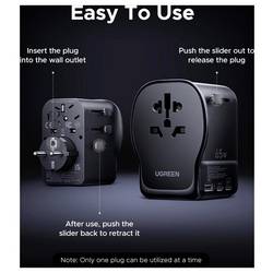 UGREEN S550 65W Universal Travel Adapter cestovní nabíječka, GaN, USB-C®, USB A, 65 W, QC 4+, černá, šedá