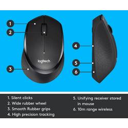 Logitech M330 Silent Plus optická myš, přenos bezdrátový, 3 tlačítko, 1000 dpi, černá