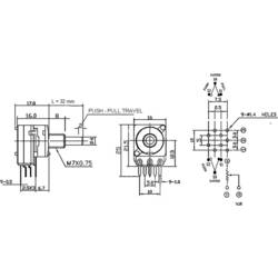 Potentiometer Service 63250-01402-5835/B10K, RD1601SF-20B4-30R6-B10K otočný potenciometr, 1cestný , s tlakovým spínačem, Mono, 0.2 W, 10 kΩ, 1 ks
