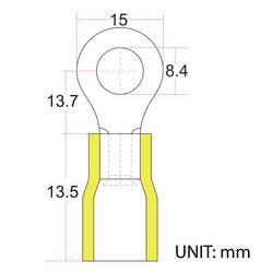 TRU COMPONENTS 746750 kulaté kabelové oko Průřez (max.)=6 mm² Ø otvoru=8.4 mm částečná izolace žlutá 50 ks