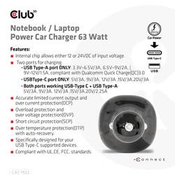 club3D CAC-1922 USB nabíječka, 1x USB A , 1x USB-C®, 63 W, černá