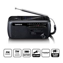 Lenco MCR-113BK MCR-113BK Nouzové rádio, FM, FM, KV (AM), KV, nouzové rádio, USB, FM, stolní lampa, Ruční klika, Funkce powerbanky, s akumulátorem, Solární