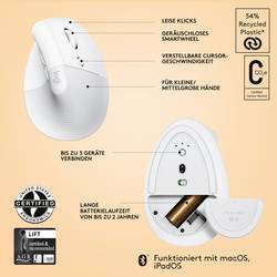 Logitech Lift for Mac Vertical Ergonomic optická ergonomická myš, myš, přenos bezdrátový, 6 tlačítko, 4000 dpi, světle šedá