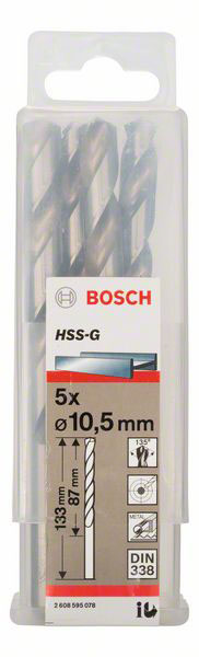 Bosch Accessories 2608595078 HSS kovový spirálový vrták 10.5 mm Celková délka 133 mm broušený DIN 338 válcová stopka 5 ks