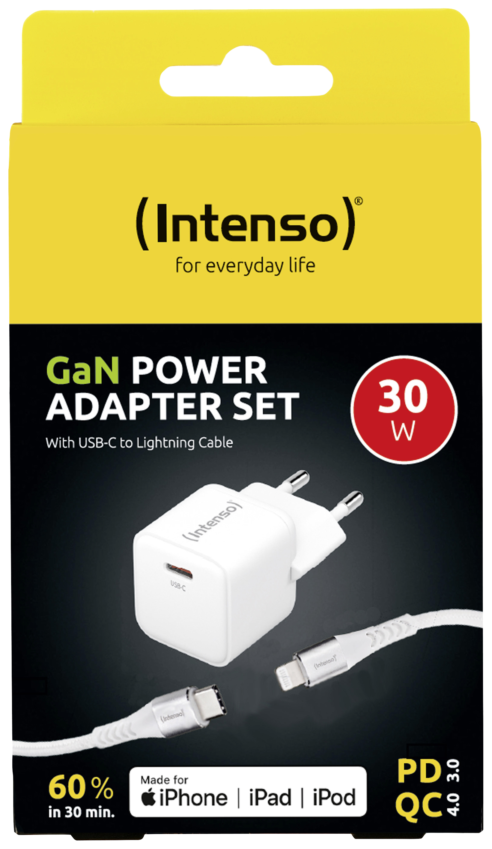 Intenso W30C GaN + C315L USB nabíječka, GaN, USB Power Delivery (USB-PD) , 1x USB-C®, 1x Apple Lightning;, 30 W, bílá