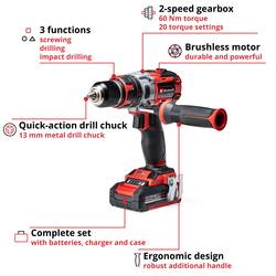 Einhell Professional TP-CD 18 Li-i BL (2x2,0Ah) aku příklepový šroubovák, 2cestný, vč. nabíječky, vč. 2x aku, 4513861