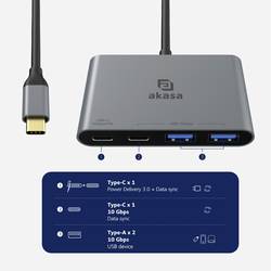 Akasa AK-CBCA31-18BK USB Hub 2 + 2 port USB-A USB 3.2 Gen2 10 GBit/s s konektorem USB C, s portem pro rychlé nabíjení hliník (eloxovaný) USB Type-C 4-In-1 Hub