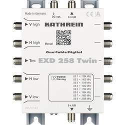 Kathrein EXD 258 Twin kaskádový rozdělovač pro satelitní signál (Unicable) Vstupy (vícenásobný spínač): 5 (4 SAT/1 terestrický) Počet účastníků: 16 Standby