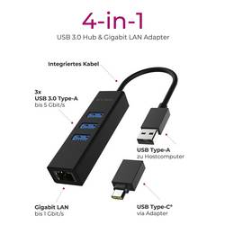ICY BOX 60844 USB Hub 4 porty USB-A, RJ45 USB 3.1 Gen1 5 GBit/s lze ovládat prostřednictvím PC černá IB-HUB1419-LAN, USB 3.2 Gen 1 HUB und LAN Adapter,