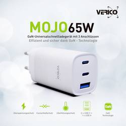 Verico Mojo 65W GaN 3 USB nabíječka, 1x USB A , 2x USB-C®, 65 W, Dodávka energie, bílá