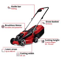 Einhell Power X-Change GE-CM 18/30 Li (1x3,0Ah) akumulátor Akumulátorová sekačka vč. nabíječky, + akumulátor 18 V šířka sekání 30 cm Určen pro 150 m²