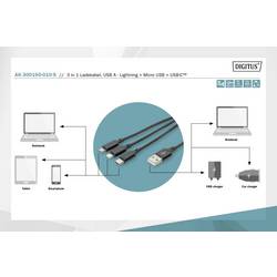Digitus Nabíjecí kabel USB Apple Lightning konektor, USB-A zástrčka, USB-C ® zástrčka, USB Micro-B zástrčka 1.00 m černá extrémně odolné pletené stínění,